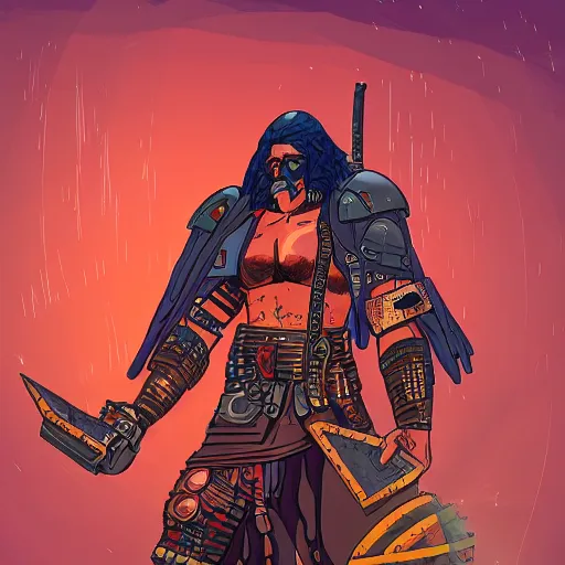 Prompt: cyberpunk barbarian dresssed like a nomad and firing a laser pistol, egyptian landscape, science fiction pulp illustration, mobius art style