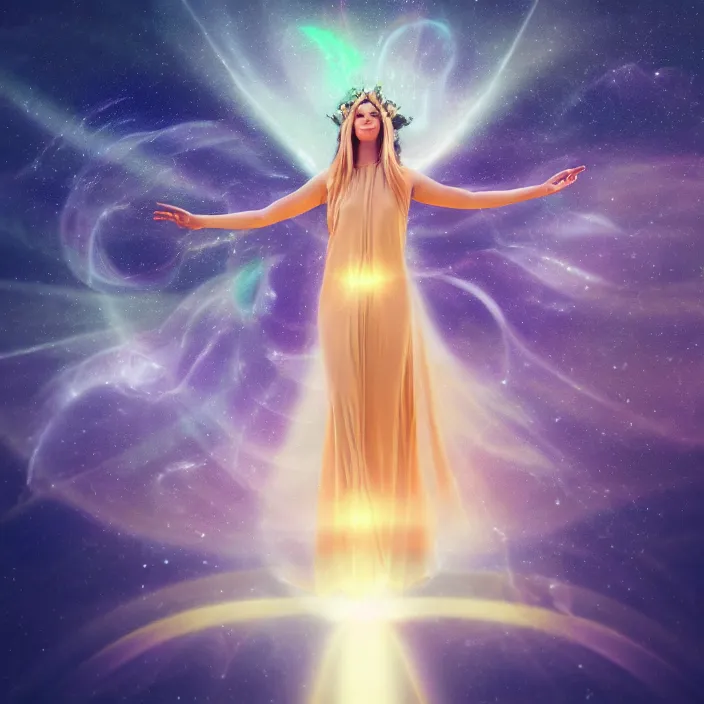 Image similar to goddess with divine feminine energy, floating in air, surrounded by luminescent light, dark nature background, hyper - realistic, photo render, extremely detailed