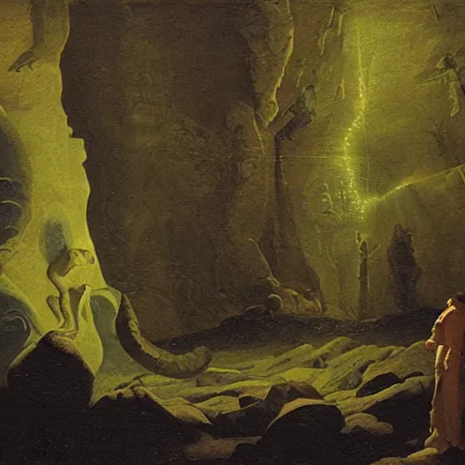 Image similar to The discovery of the alchemical properties of the old god's flesh, painting by Joseph Wright