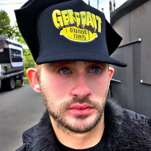 Prompt: a man with a big irish head, a slender persian nose, sunken beady eyes, low cheek bones, pocky cheeks, sharp cleft chin, long blond stubble sideburns, fluffy bangs, thin eyebrows, wearing a trucker hat that says'get some'