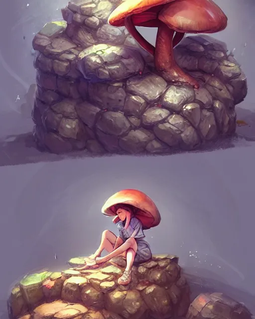 Image similar to concept art of a mushroom creature, wearing tight clothes made of rocks, sitting on a rock in a cave | | cute - fine - fine details by stanley artgerm lau, wlop, rossdraws, and sakimichan, trending on artstation, brush strokes