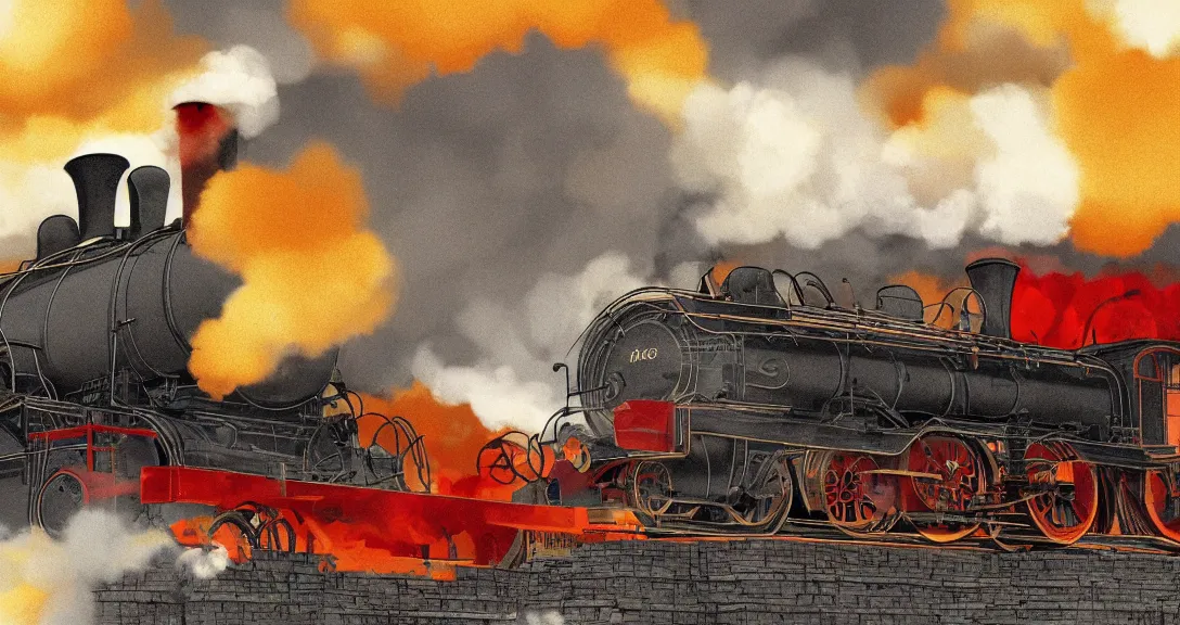 Prompt: cross - section close - up view of a steam train, autumn light, smoke, beautiful, by studio ghibli, by tomono yoshiyuki, digital art, concept art, sharp focus, illustration