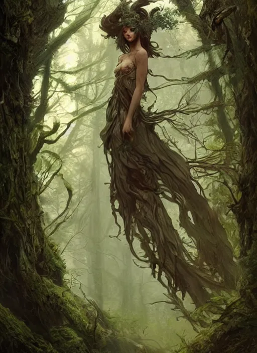 Image similar to a woodland spirit made from wood and moss, beautiful high quality realistic fantasy art, trending on artstation by artgerm and greg rutkowski and alphonse mucha