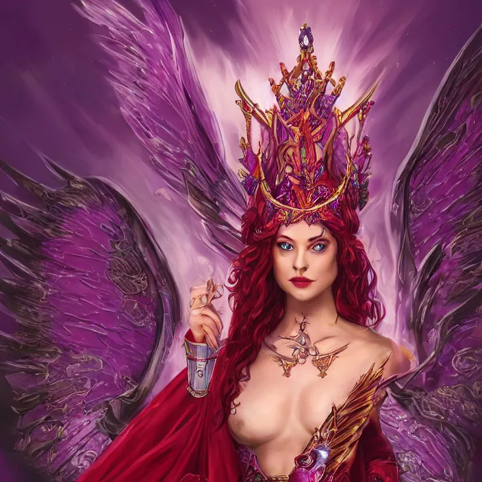 Image similar to Princess sorceress with red flaming bird wings on her back and sitting on an ornate throne dressed in a fancy long purple dress, beautiful realistic symmetrical defined face, Slight smile and open eyes, anatomically correct, Fantasy, Full Portrait, High detail, realistic, planeswalker