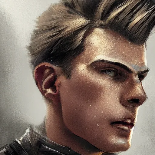 Image similar to Portrait of a man by Greg Rutkowski, he is about 20 years old, norwegian, short blond quiff hair, young, manly, attractive, strong, older brother vibes, he is wearing futuristic military fatigues, highly detailed portrait, scifi, digital painting, artstation, concept art, smooth, sharp foccus ilustration, Artstation HQ