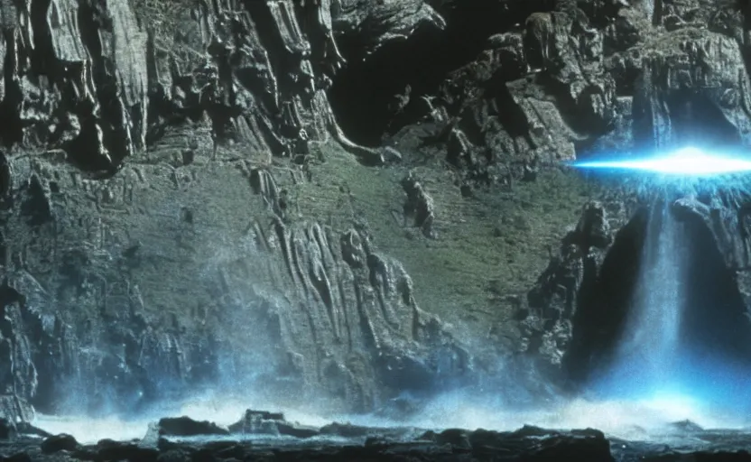 Prompt: iconic cinematic screen shot of star destroyer waterfall canyon planet, from the action packed scene from the 8 0 s star wars sci fi film by stanley kubrick, glowing lasers, kodak film stock, anamorphic lenses 2 4 mm, lens flare, award winning