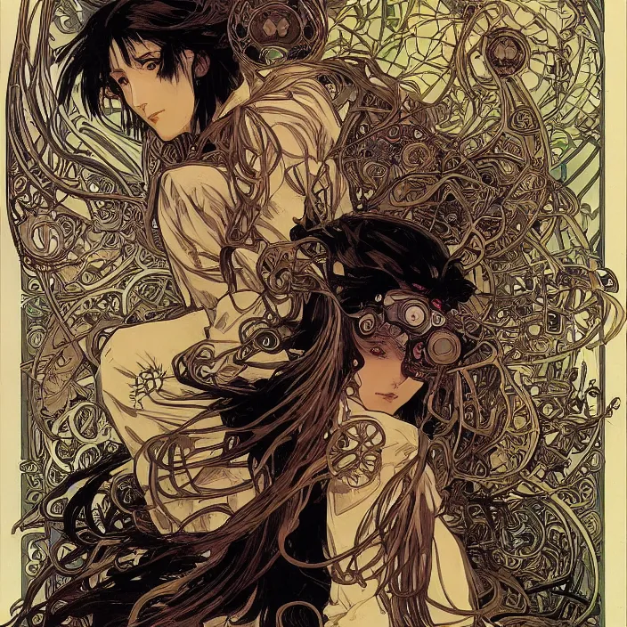 Image similar to alphonse mucha yoji shinkawa moebius jean girard shintaro kago junji ito esoteric hypnogogic ethereal ethereality dreamy combat mech dieselpunk incredible intricate machinery illusionary art and trash polka