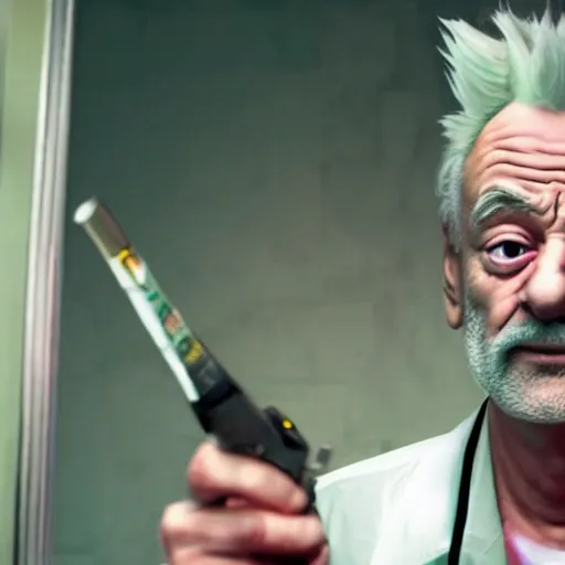 Image similar to !dream the roll of Rick Sanchez will be played by Bill Murray, spikey hair, white lab coat, photography