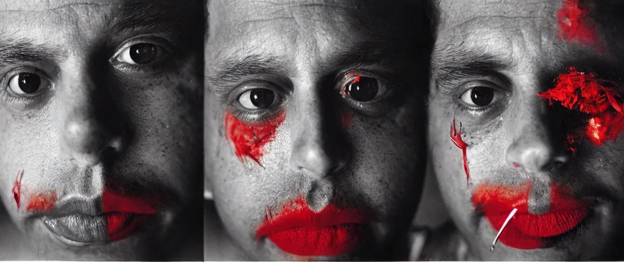 Image similar to award winning photo of a todd solondz charles thompson iv wearing lipsticl and becoming smoke, sad and happy, crying and smiling franticly, vivid colors, happy, symmetrical face, beautiful eyes, studio lighting, wide shot art by sally mann & arnold newman