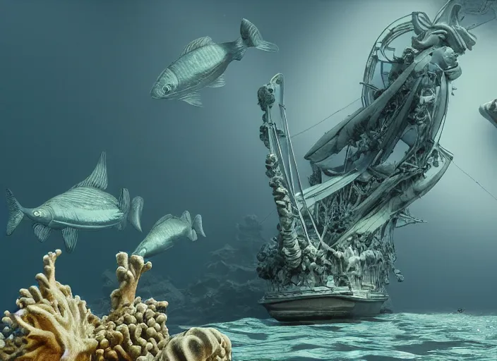 Image similar to a statue at the bottom of the sea, fishes swimming, anemones and starfish, an old shipwreck, mc escher, gordon onslow ford, georgia o'keeffe and ivan aivazovsky, cinematic light, god rays, colourful, unreal engine, zbrush central,