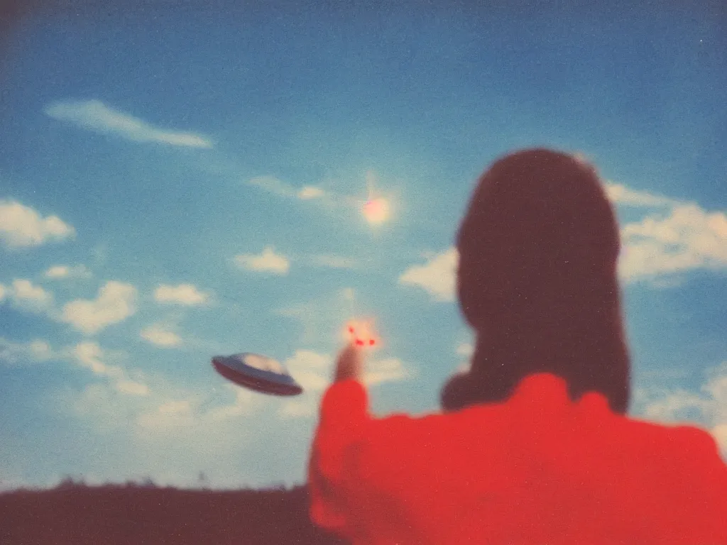 Image similar to vintage polaroid of a beautiful woman spotting a ufo in the sky, seen from behind, detailed clouds, warm azure tones, red color bleed, film grain