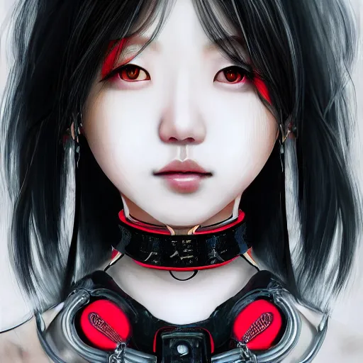 Image similar to detailed realistic korean female character cyberpunk, realistic, art, beautiful, 4K, artstation, detailed, female, woman, choker, cyberpunk, neon, punk, collar, choker, collar around neck, thick collar, tight around neck, punk, looking straight forward, symmetrical eyes, beautiful eyes, realistic eyes