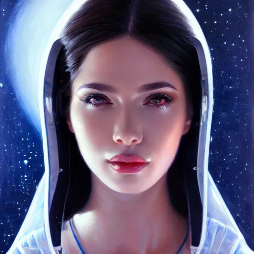 Prompt: a portrait of a very beautiful woman in a spacesuit, Alexandria\'s genesis, shoulder-length black hair, bored, illustration, soft lighting, soft details, painting oil on canvas by mark arian by artgerm, trending on artstation, 4k, 8k, HD