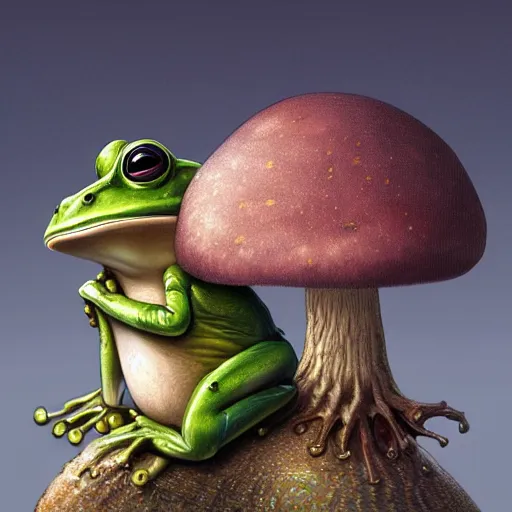 Prompt: a frog sitting on a mushroom, intricate, highly detailed, digital painting, artstation, concept art, smooth, sharp focus, illustration, unreal engine 5, 8 k, art by artgerm and greg rutkowski and alphonse mucha