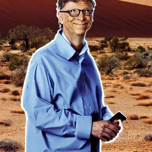 Prompt: bill gates on the cross in the desert surrounded by medical equipment. horror movie photograph.