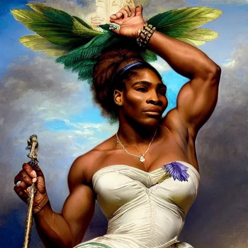 Prompt: Serena Williams as Nike Goddess portrait, wings, luxuriant, dreamy, eternity, romantic, highly detailed, in the style of Franz Xaver Winterhalter, highly detailed, in the style of Aetherpunk