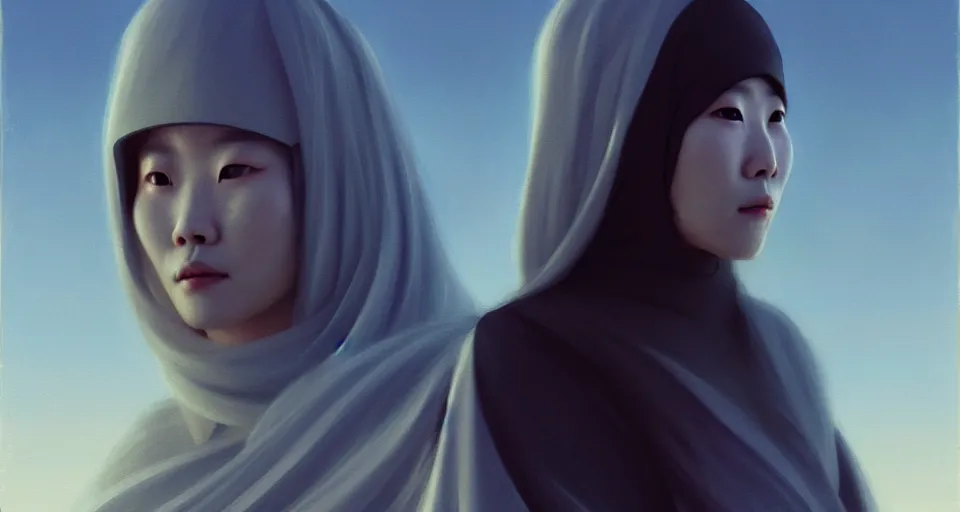 Image similar to painting of a portrait of kang seul - gi, as a cyberpunk girls at night. white long hair, burka, ruan jia, weldon casey, ralph mcquarrie. cinematic. smooth gradients, transparent inflatable structures in akakus desert. trending on artstation.