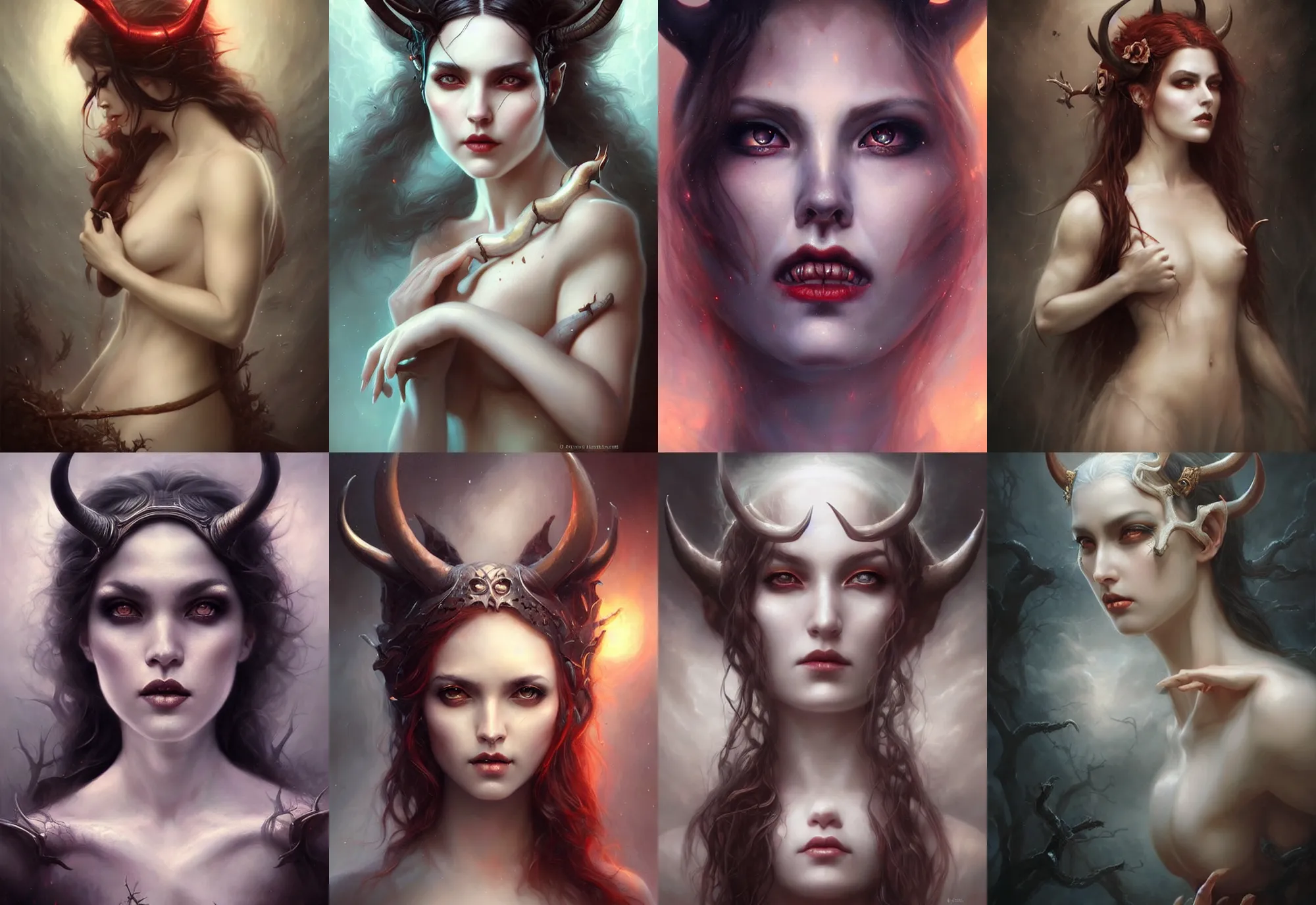 Image similar to a hauntingly beautiful woman with horns, painted by artgerm and tom bagshaw, fantasy art, dramatic lighting, highly detailed oil painting