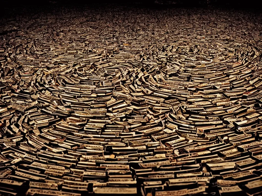 Image similar to an intricate labyrinth made of books at night, dimly lit by candlelight, dark fantasy, dreaming illusion
