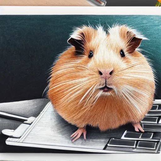 Prompt: guinea pigs using computers, pencil drawing, detailed, hyper-detailed