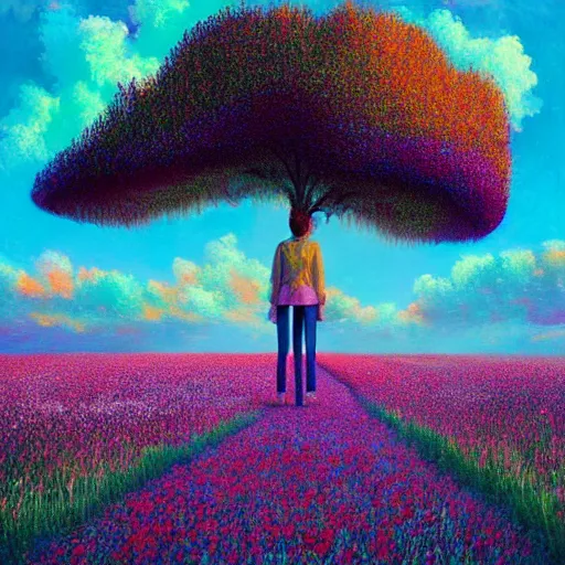 Image similar to girl made from surreal exploding flowers, standing in flower field, big trees, sunrise dramatic light, impressionist painting, colorful clouds, digital painting, pointillism, artstation, simon stalenhag