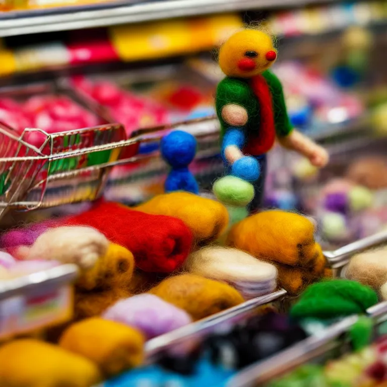 Prompt: needle felted person buying food at supermarket, highly detailed, tilt shift, cute, hyperrealism, highly textured, god rays