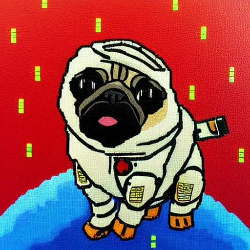 Prompt: pixel art, oil canvas, highly detailed, astronaut pug in space.