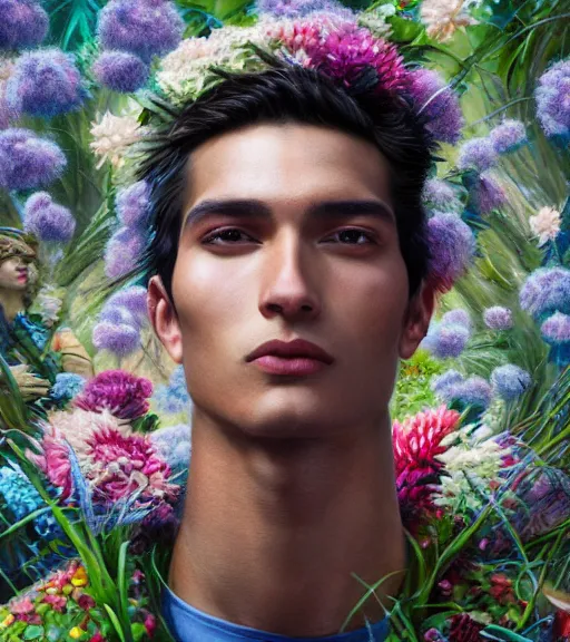 Prompt: portrait of a peruvian male model, surrounded by flowers by karol bak, james jean, tom bagshaw, rococo, trending on artstation, cinematic lighting, hyper realism, octane render, 8 k, hyper detailed.