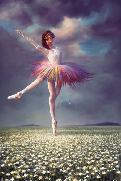 Image similar to giant white daisies flower as head, girl ballet dancing in a flower field, surreal photography, sunrise, dramatic light, impressionist painting, colorful clouds, digital painting, artstation, simon stalenhag