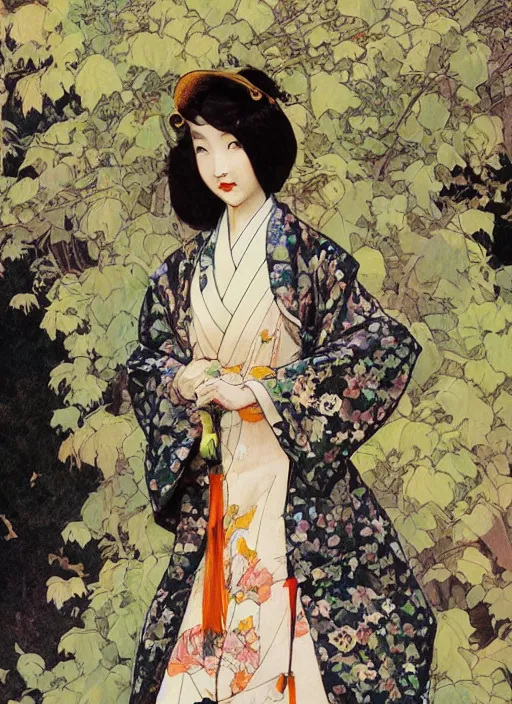 Image similar to a copic maker art nouveau portrait of a japanese girl detailed features wearing a weeding dress and an anorak designed by balenciaga by john berkey, norman rockwell akihiko yoshida