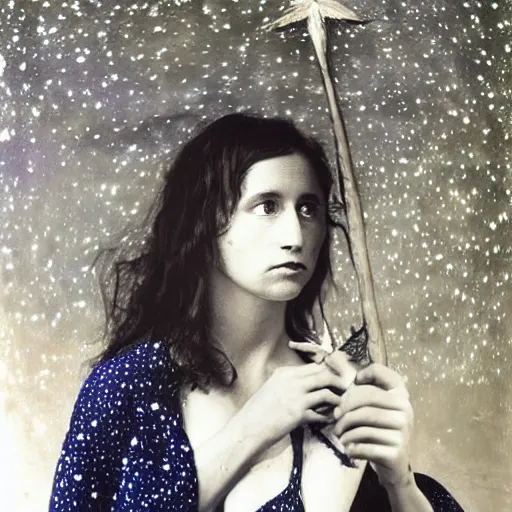 Image similar to by edward weston cosy, ominous. a digital art of a woman with wings made of stars, surrounded by a blue & white night sky. the woman is holding a staff in one hand, & a star in the other. she is wearing a billowing dress, & her hair is blowing in the wind.