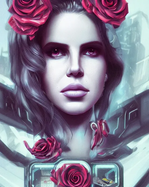 Image similar to portrait of lana del rey as a cyberpunk cyborg. roses sci - fi intricate abstract upper body intricate artwork, roses, rose petals, by tooth wu, wlop, beeple, dan mumford. concept art, octane render, deviantart, greg rutkowski, cinematic arthouse, key art, hyper realism, iridescent accents