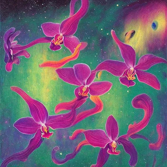 Image similar to cosmic exotic orchids. aurora borealis. iridescent, vivid psychedelic colors. painting by bosch, agnes pelton, utamaro, monet