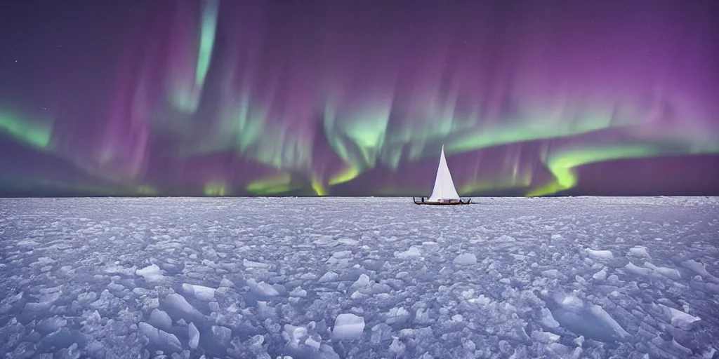 Image similar to “ a single wooden sail ship beset in solid white sea ice, nighttime, aurora borealis visible, ”