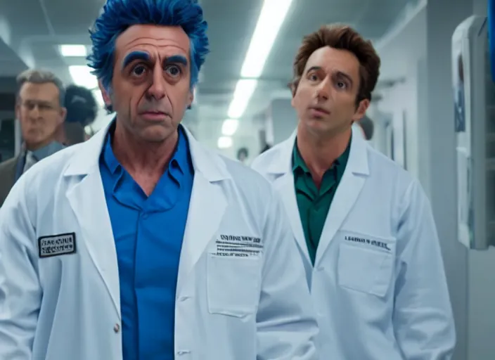 Image similar to film still of rick sanchez lab coat blue shirt in the new scifi movie 4 k