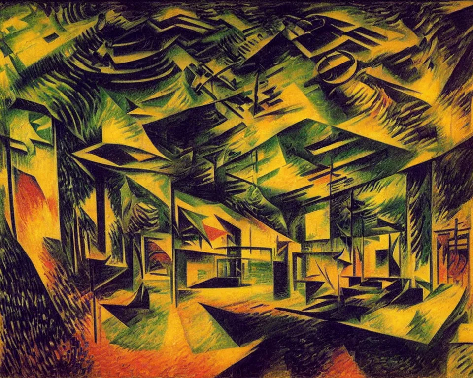 Image similar to abstract courtroom in the rainforest at night by umberto boccioni. detailed, proportional, romantic, enchanting, achingly beautiful, graphic print, trending on artstation, jungle, tropical, foliage