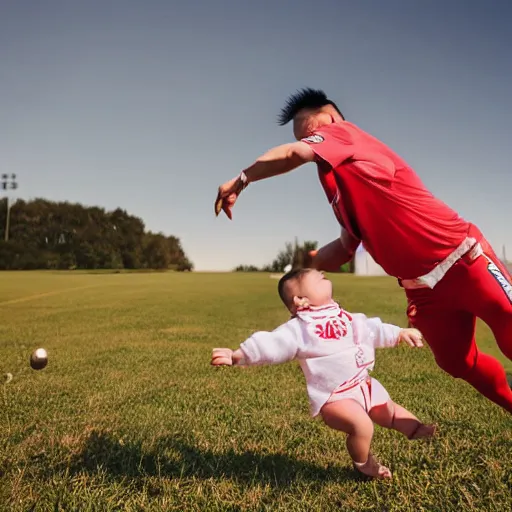 Image similar to Adult Justin Sun kicking a baby through a field goal, professional football photography, flying baby