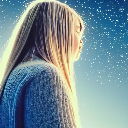 Image similar to “Detailed photo of a white, adolescent girl as seen from the side from the shoulders up. The girl has shoulder-length straight blonde hair and blue eyes. She is looking up slightly at a night sky filled with dazzling stars with a hopeful, awe-filled expression. Illumination from starlight. 4K”