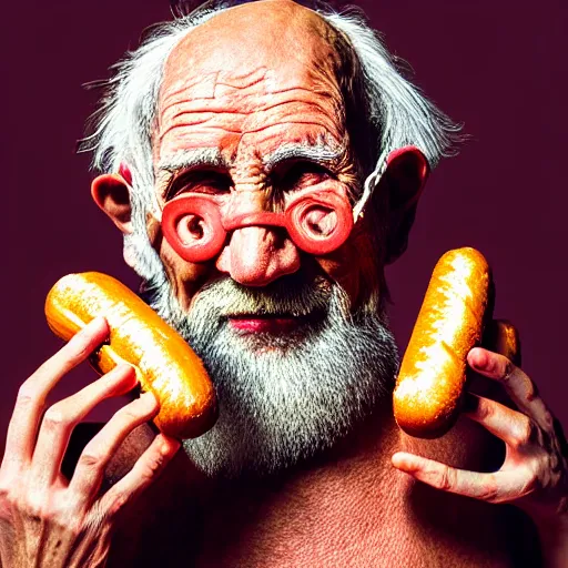 Image similar to Colour Photography of 1000 years old man with highly detailed 1000 years old face wearing higly detailed VR Headset. Man eating hot-dog in style of Josan Gonzalez