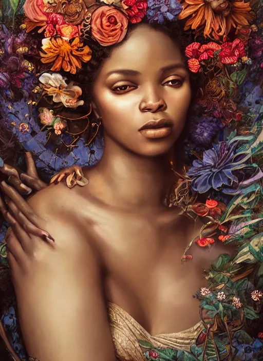 Image similar to portrait of the african queen of the underworld, surrounded by flowers by karol bak, james jean, tom bagshaw, rococo, sharp focus, trending on artstation, cinematic lighting, hyper realism, octane render, 8 k, hyper detailed.