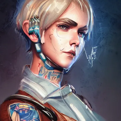 Image similar to tattooed dirty stoic butch heroic emotionless blonde woman kubernetes engineer in tattered dirty flight suit, very short messy hair, highly detailed, digital painting, artstation, concept art, matte, sharp focus, illustration, art by artgerm