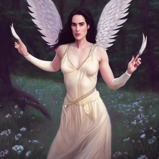 Image similar to A beautiful detailed painting of jennifer connelly as a female angel warrior, floating in a magical forest, ray traced sun light, by john sargent and Kalin Popov , Trending on artstation HD.