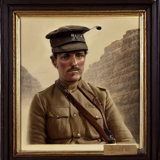 Image similar to a detailed photorealistic sepia - toned color portrait painting of a 1 9 1 7 worried clean - shaven british lieutenant in detailed field gear wearing a finely - detailed pith helmet in wadi rum, ultra realistic, intricate details, atmospheric, dark, horror, brooding, highly detailed, by clyde caldwell