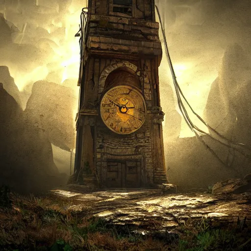 Image similar to an abandoned old rusty clocktower in a dark enormous cave dream photography, painting, perfectly balanced light, digital art, unreal engine, trending on artstation,