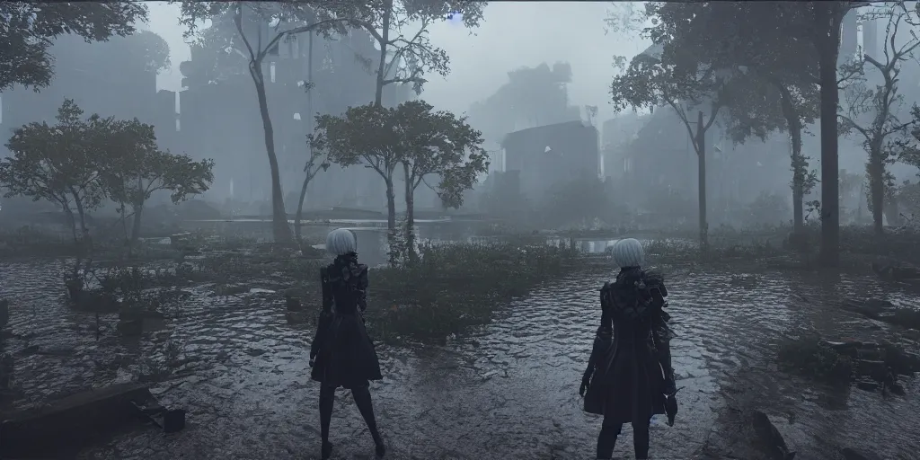 Image similar to nier automata yorha type 2 b walking in post apocalyptic flooded city, city ruins rainy melancholy day, lots of trees, dense vegetation, unreal engine, cryengine, epic engine, volumetric lighting, ray tracing, rtx on, exposure, god rays, overcast, ambient lighting, blooming flowers, 3 d render, cinematic, subtle, moderate saturation