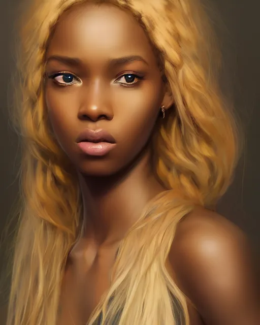 Image similar to portrait of a beautiful african girl, flowy blonde hair, cinematic lighting, highly detailed, digital painting, trending on artstation, pixiv, concept art, sharp focus, illustration, art by ross tran and wlop