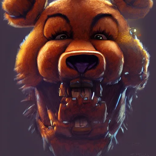 Image similar to commission of freddy fazbear,realistic,hyperdetailed,photorealistic,detailed face,art by greg rutkowski,trevor henderson,ross tran,artstation,deviantart,4k,estern comic style,sharp lineart,professional lighting,professional shading