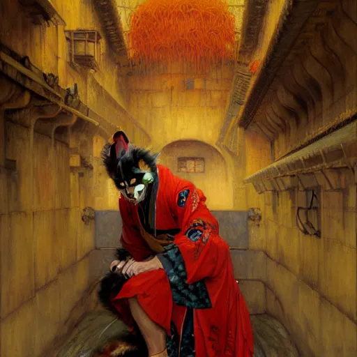 Prompt: a portrait of a male splinter ninja rodent mutant in a red kimono in the sewers. furaffinity furry art detailed face painting by gaston bussiere craig mullins jc leyendecker gustav klimt artgerm greg rutkowski furry