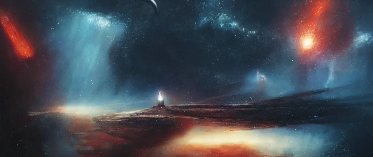 Prompt: concept art, exploration spaceship drifting in space, the expanse tv series, industrial design, immensity, alone in a nebula, cinematic lighting, 4k, widescreen ratio, by sparth, beksinski