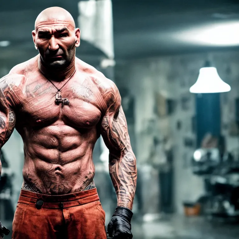 Prompt: dave bautista as calendar man, movie still, 8 k, hdr, atmospheric lighting